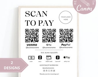 QR Code Payment Sign | Scan to Pay Template for Venmo, PayPal, Google Pay | Custom Business Sign, Editable Canva Template, Digital Download