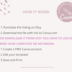 May include: Pink and white graphic with instructions on how to personalise a template using Canva. The graphic includes the text "HOW IT WORK" and a pink circle with a white pencil and the text "PERSONALISE WITH Canva".