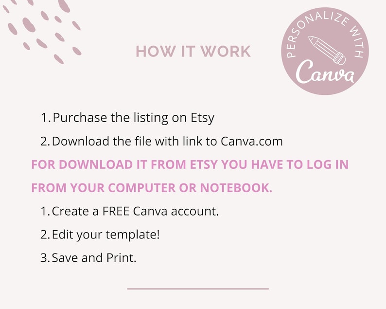 May include: Pink and white graphic with instructions on how to personalise a template using Canva. The graphic includes the text "HOW IT WORK" and a pink circle with a white pencil and the text "PERSONALISE WITH Canva".