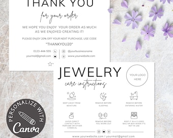 Jewelry Care Instructions I Canva Template I Editable Jewelry Care Card, Small Business Care Instructions, Thank You Card Templates