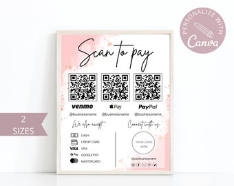 Editable Scan to Pay Card, Editable Canva Template, QR Code Sign Template, CashApp PayPal Sign for Small Business, Venmo Payment Printable.
