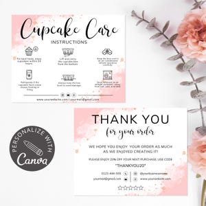 Instruções para cartão de cuidados com cupcakes Modelo Canva | Cartão de cuidados com padaria editável | Encarte de embalagem para pequenos negócios Cartões de visita de agradecimento