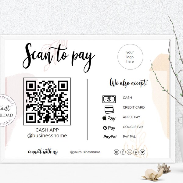 QR Code Sign Template, Editable Scan to Pay Small Business Card, CashApp PayPal Sign, Venmo Payment QR Code, Instant Download. DTP-032