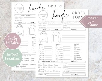 Hoodie Order Form Template I Editable Canva Invoice Template I T-Shirt Small Business Form i Custom Order Form Printable I Crafters Forms.