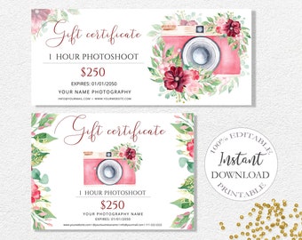 Gift Certificate Template Printable, Photography Gift Voucher Template, Editable DIY Gift Card Template, Mothers Day Gift, 3 Sizes. DTP-028