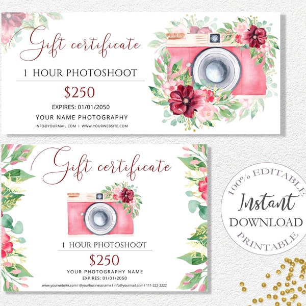 Gift Certificate Template Printable, Photography Gift Voucher Template, Editable DIY Gift Card Template, Mothers Day Gift, 3 Sizes. DTP-028