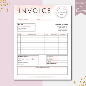 Pode incluir: Um modelo de fatura imprimível com um fundo de aquarela rosa. O modelo inclui campos para o número da fatura, a data, o destinatário, a descrição, a quantidade, o custo unitário, o valor, o subtotal, o desconto, os impostos, o valor total, os detalhes de pagamento e as notas e termos especiais.