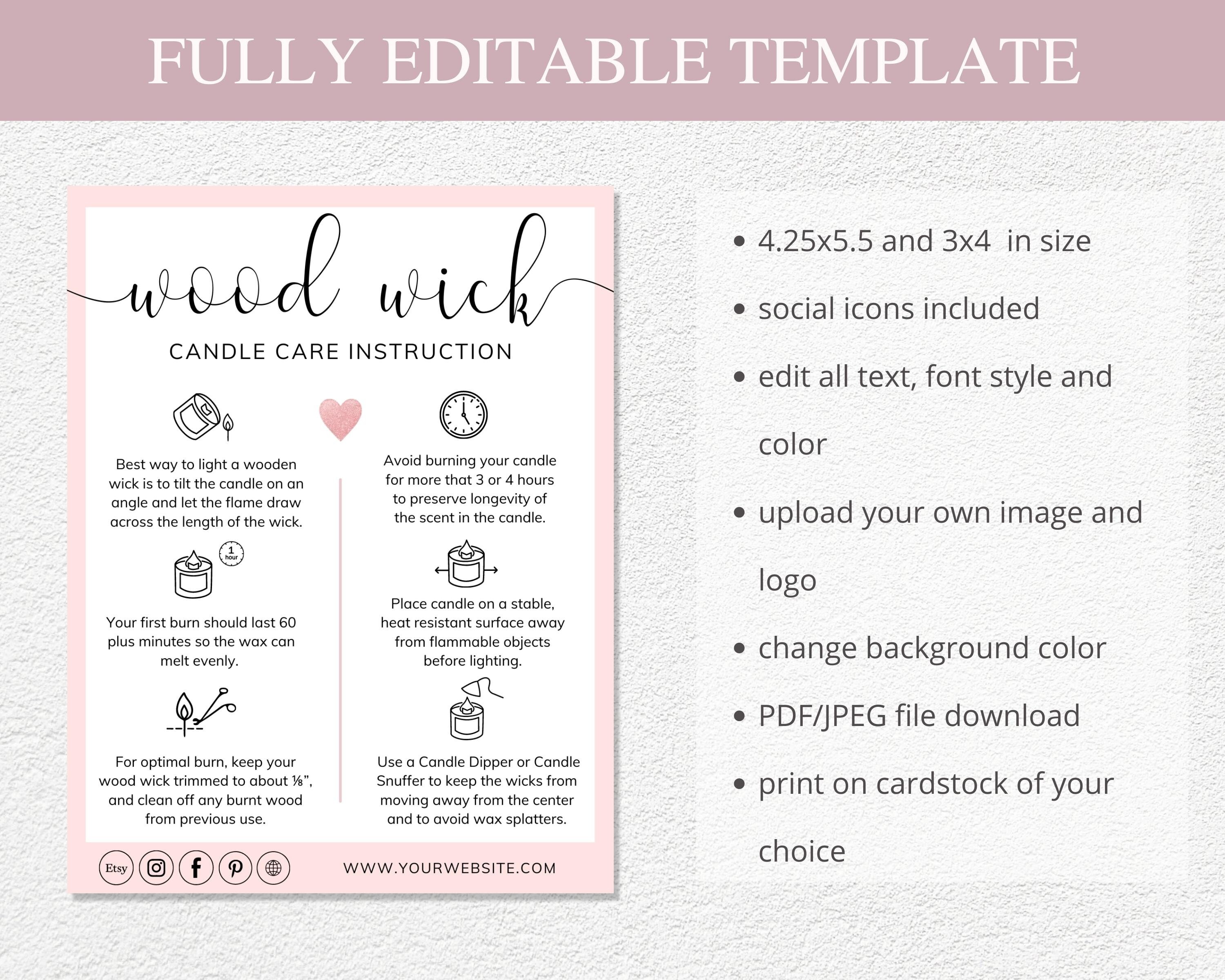 Wood Wick Candle Care Card I Editable Canva Template I Candle Etsy