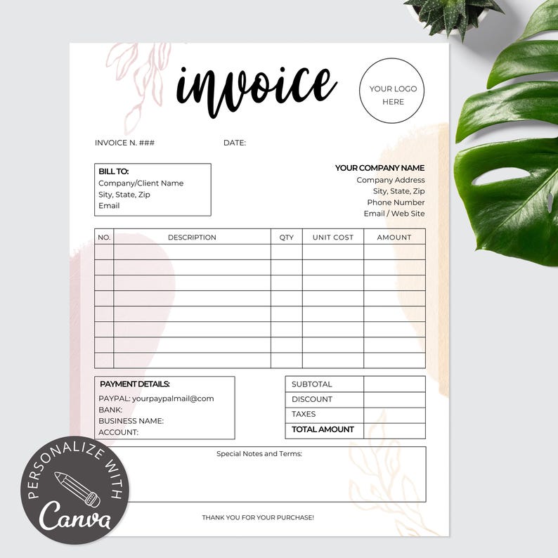 Editable Invoice Template for Canva | Custom Invoice for Small Business ...