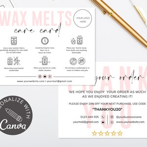 Wax Melts Care Card, Canva Editable Template, Printable Wax Melts Instructions Card, Small Business Wax Melt Care Cards, Candle Care Card.