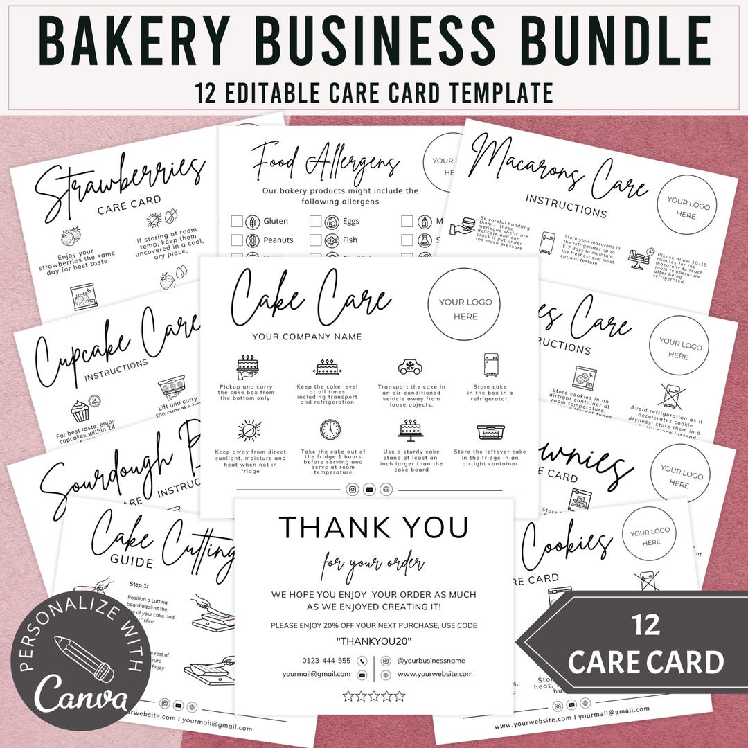 12 Editable Bakery Care Cards Canva Template With Cake Cutting Guide ...