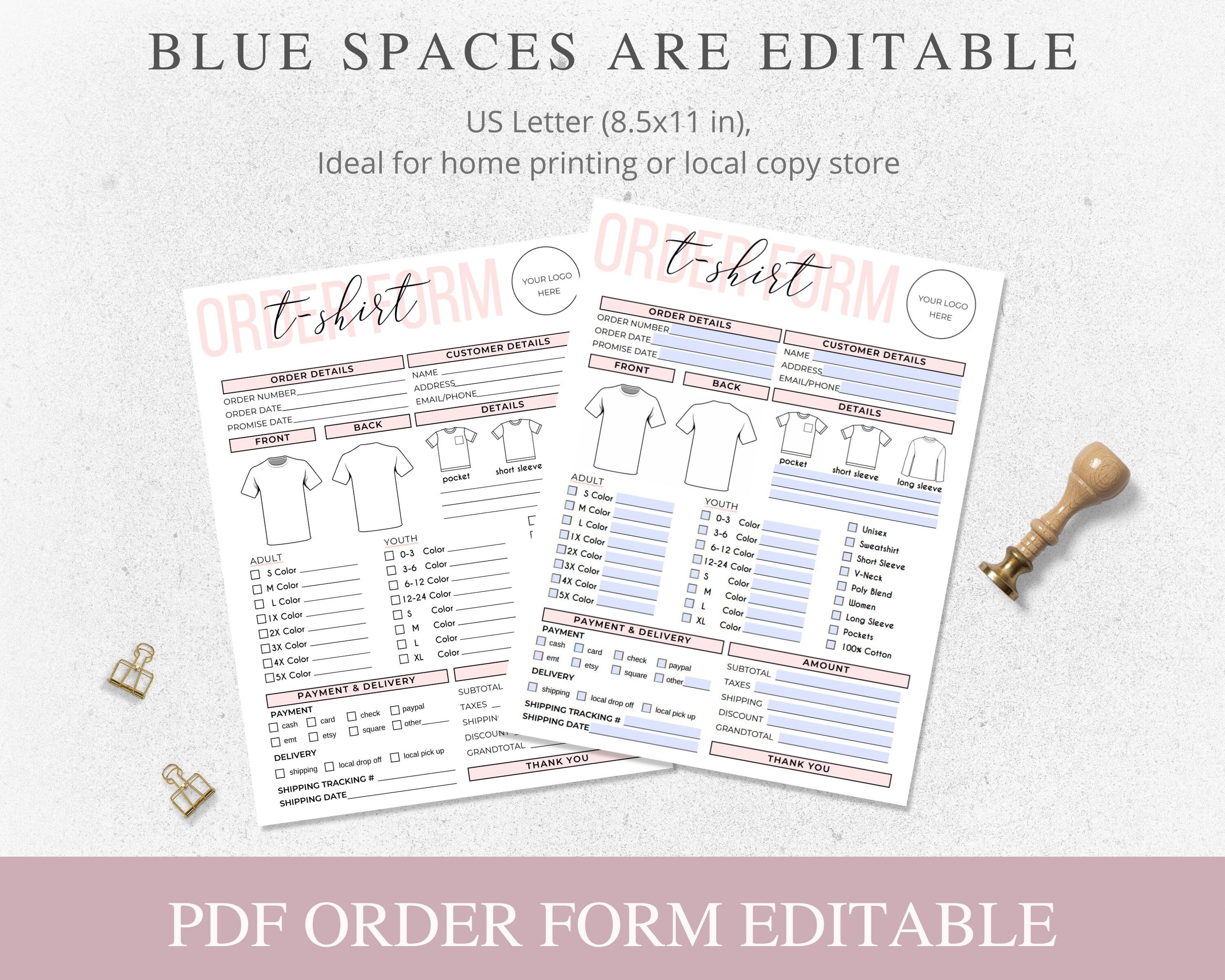 Fillable t shirt order form editable printable shirt order etsy