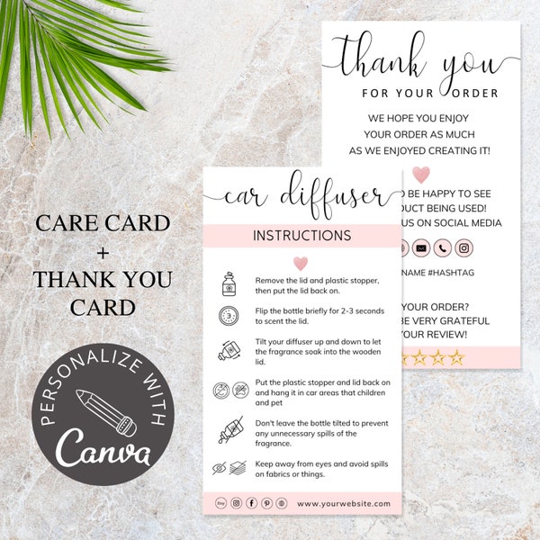 Car Diffuser Canva Template I Editable Car Air Freshener, Small Business Care Instructions, Thank You Cards, Car Diffuser Editable Template