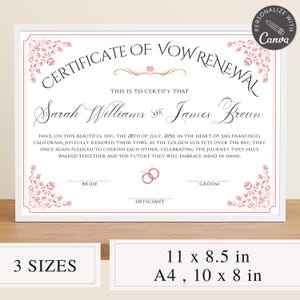 Certificado de renovación de votos I Plantilla editable de Canva, Certificado de matrimonio editable, Certificado de matrimonio personalizado, Renovación de votos