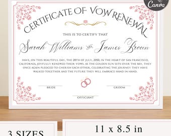 May include: A certificate of vow renewal with a white background and pink floral accents. The text reads "Certificate of Vow Renewal" and includes the names Sarah Williams and James Brown. Available in 3 sizes: 11 x 8.5 in, A4, and 10 x 8 in.