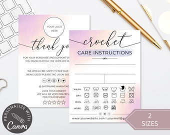 Crochet Care Cards, Editable CanvaTemplate, Custom Crocket Care Card, Printable Crochet Care Package, Small Business Care Instruction.