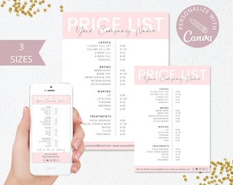 Plantilla de lista de precios, lista de precios editable en Canva para cabello hecho en casa, lista de precios de belleza, guía de precios para negocios, lista de precios rosa para panadería.