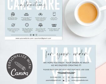 Cake Care Card I Canva Template Editable, Care Instructions, Thank You Cards, Bakery Care Card, Business Thank You Card, Instant Download
