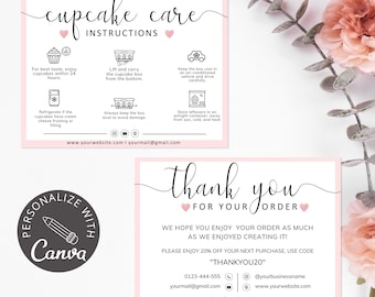 Cupcake Care Card Instructions Canva Template | Editable Bakery Care Card | Packaging Insert for Small Business
