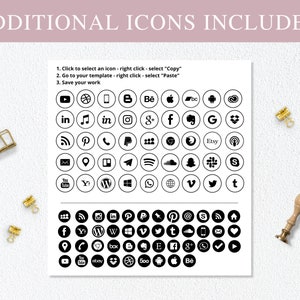 Puede incluir: Una hoja de papel en blanco y negro con una cuadr&iacute;cula de iconos de redes sociales. Los iconos incluyen YouTube, Instagram, Pinterest, Twitter, Facebook y m&aacute;s. El texto "ADDITIONAL ICONS INCLUDED" est&aacute; en la parte superior de la hoja. Las instrucciones para usar los iconos est&aacute;n debajo del texto.