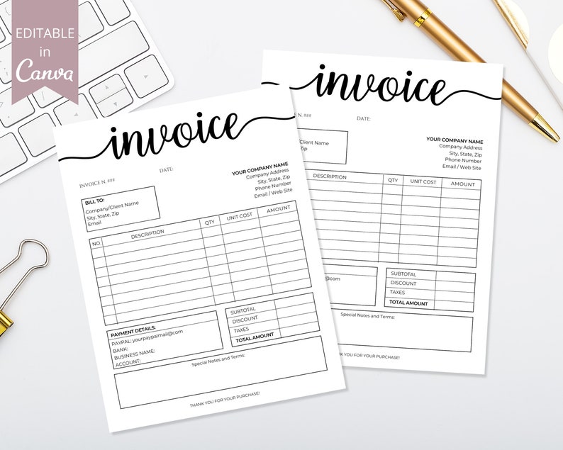 Invoice In Cursive Invoice Template Editable | Canva Business Template, Small Business ...