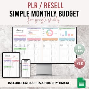 PLR Monthly Budget Spreadsheet | 15 Tab Google Sheets Budget Template | Monthly Budget Planner with Expense Tracker | Private Label Rights