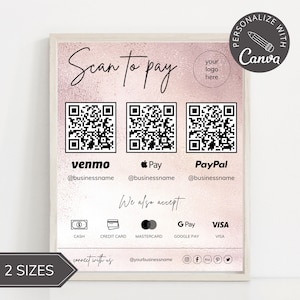 Bewerkbare scan-to-Pay-kaart, bewerkbare canva-sjabloon, QR-codebordsjabloon, CashApp PayPal-bord voor kleine bedrijven, Venmo-betaling afdrukbaar.