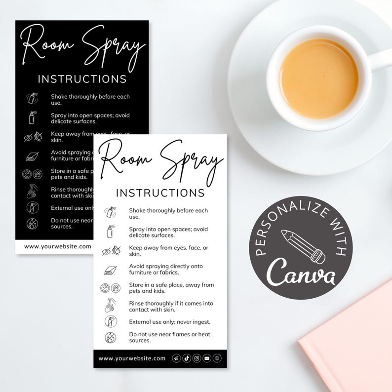 room spray diffuser, care card, canva template, care instructions