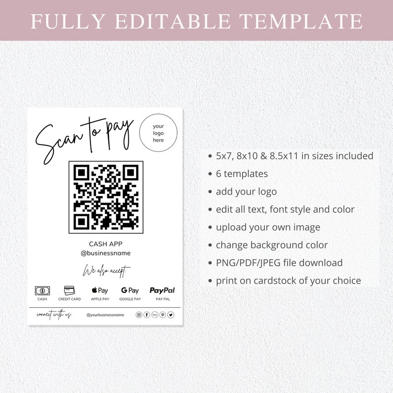 price list template, qr code sign, canva template, small business, scan to pay sign, Payment Sign, custom business sign, venmo sign, scan to pay template, social media sign, cashapp scan and pay, connect with us, Digital Download