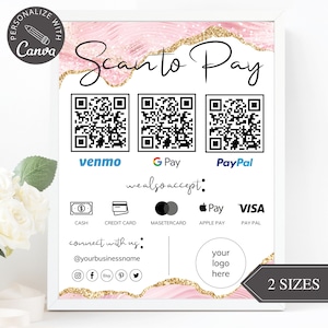 Bearbeitbare Scan-to-Pay-Karte, bearbeitbare Canva-Vorlage, QR-Code-Zeichenvorlage, CashApp PayPal-Zeichen für kleine Unternehmen, Venmo-Zahlung druckbar.