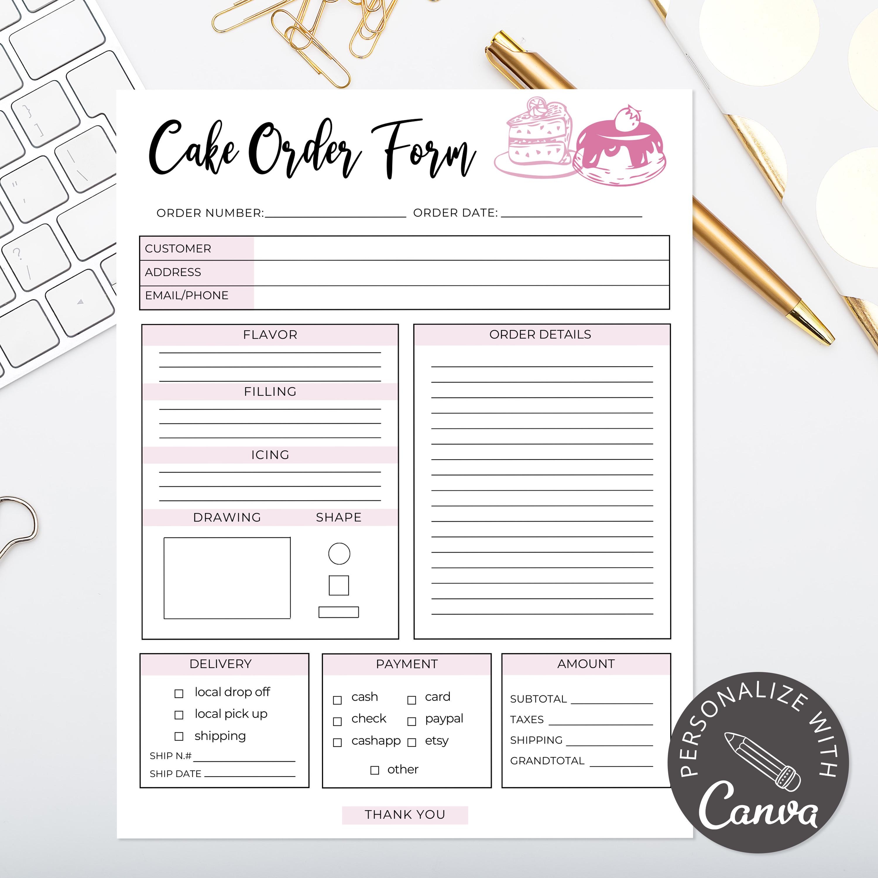 Cake Order Form I Canva Template Editable | Order Forms Template ...