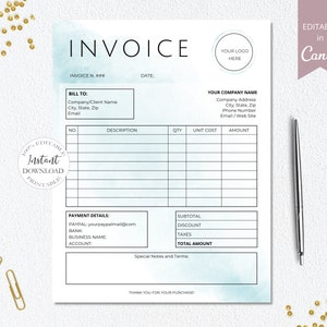 Invoice Template, Small Business Canva Template, Editable Invoice Form, Printable Order Form Invoice, Instant Digital Download. DTP-001