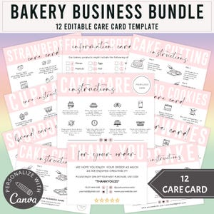 Paquete de 12 tarjetas de cuidado de panadería (plantilla de Canva) con guía para cortar pasteles, tarjetas para cupcakes, tarjetas para galletas, tarjetas para masa madre y tarjetas para alergias.