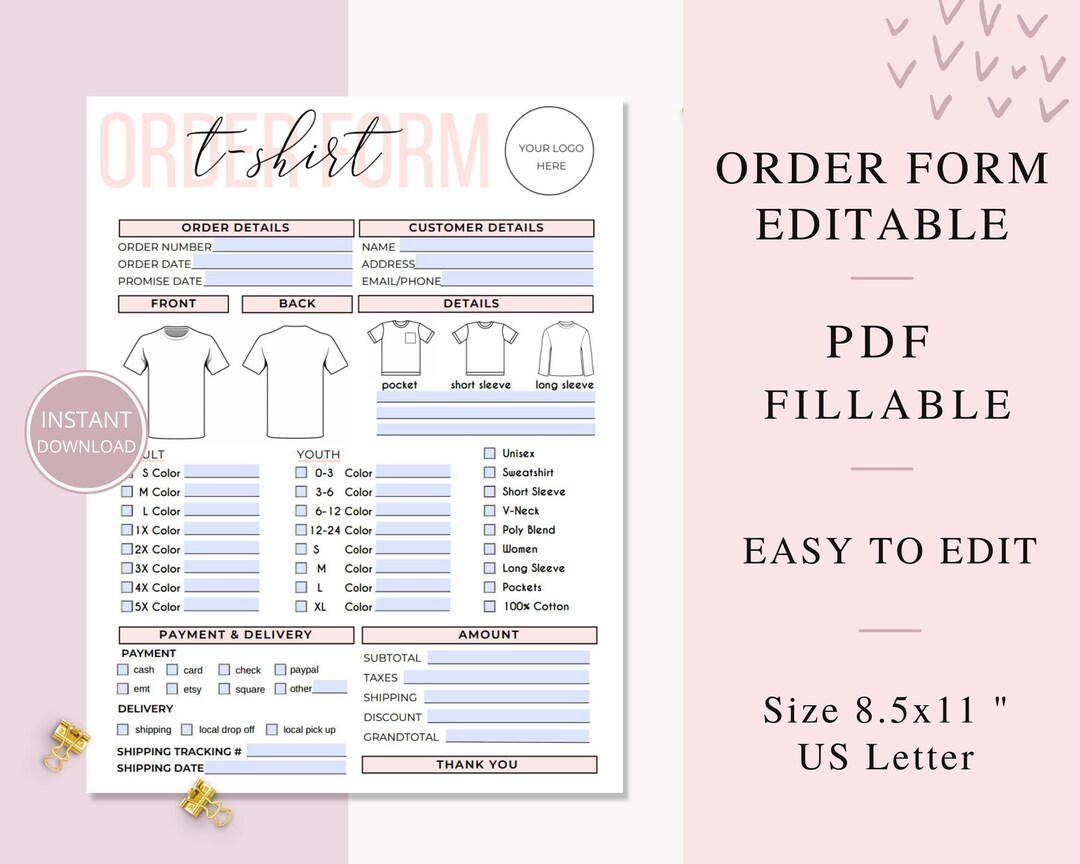 Fillable T-shirt Order Form Editable, Printable Shirt Order Form ...