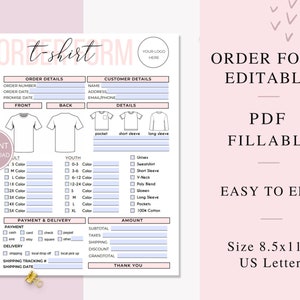 Fillable T-Shirt Order Form Editable, Printable Shirt Order Form, Editable Small Business Order Forms PDF, Business Printables. PDF-001