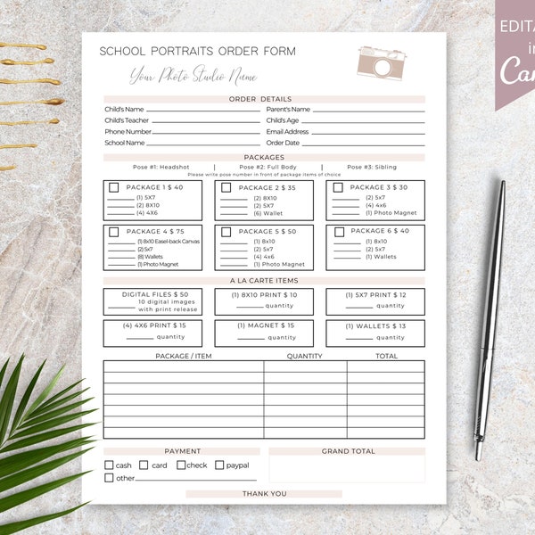 School Photography Preschool Photos Order Form, Printable Photography Order Forms, Photo Invoice, 100% Editable Template. DTP-004