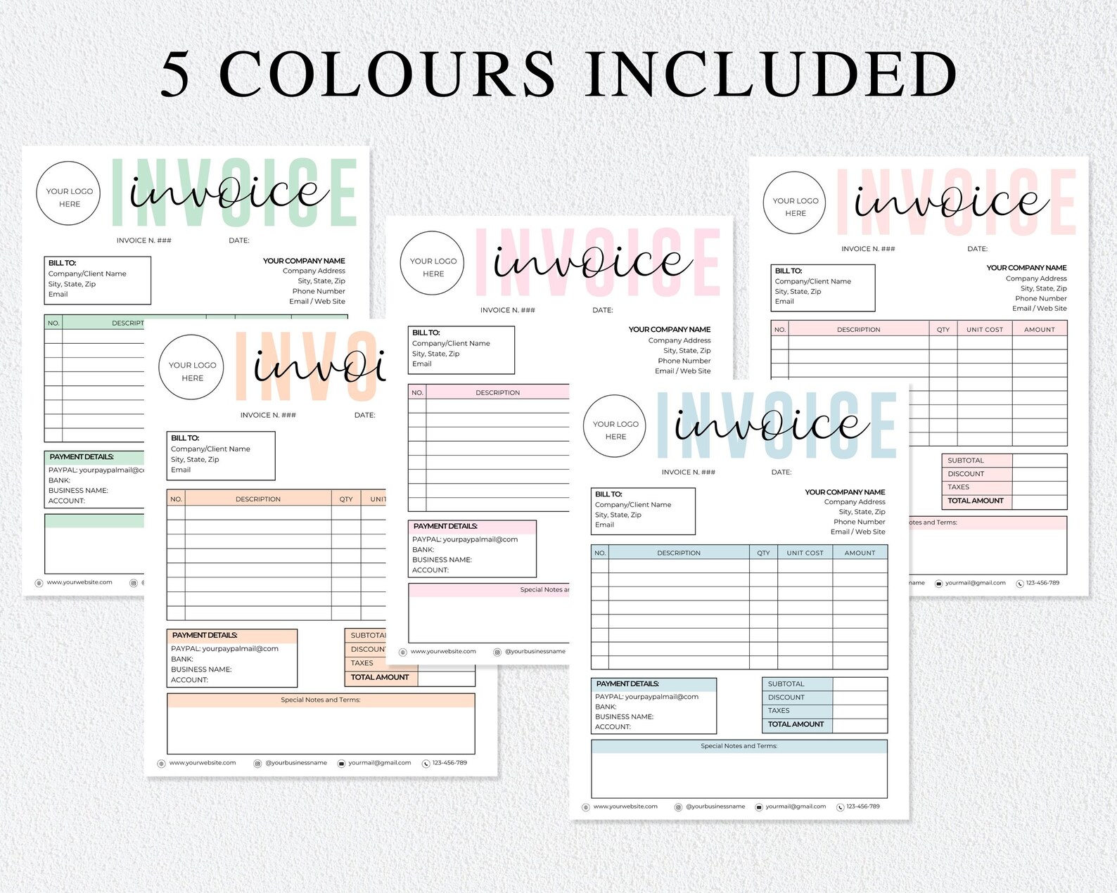 Invoice Editable Template, Printable Order Form Invoice, 5 Premade ...