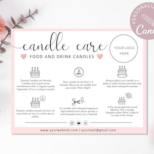 Food Candle Care Card Editable Template, Drink Candle Instructions, Cake Care Guide, Candle Small Business Inserts, Add Your Logo. DTP-030
