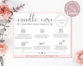 Food Candle Care Card Editable Template, Drink Candle Instructions, Cake Care Guide, Candle Small Business Inserts, Add Your Logo.