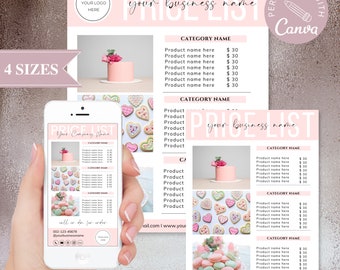 Puede incluir: Una plantilla de lista de precios rosa con el texto "your business name" y "price list". El diseño incluye imágenes de productos horneados y la opción de personalizar con Canva. La plantilla está disponible en 4 tamaños.