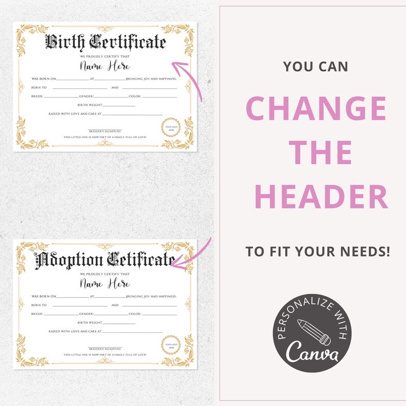 editable canva template, pupy birth certificate, dog birthday, 	
cat certificate, pet adoption