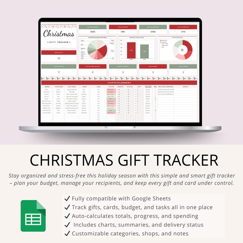 Christmas Gift Tracker Google Spreadsheet | Budget Planner, Holiday ...