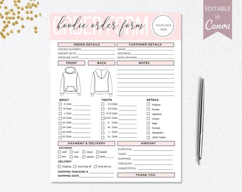 Hoodie Order Form Template, Editable Canva Invoice, T-Shirt Small Business Form, Custom Order Form Printable, Etsy Crafters Forms. DTP-004