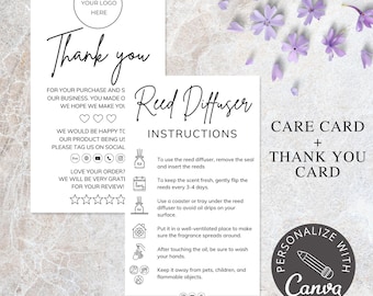 May include: A white thank you card with black text and icons. The card says "Thank you" and "Reed Diffuser Instructions". The instructions include how to use the diffuser, how to keep the scent fresh, and how to avoid oil drips. The card also includes a care card with the text "Care Card + Thank You Card".
