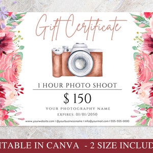 Buono regalo per fotografia, modello Canva stampabile, modello di buono regalo, modello di biglietto regalo fai da te modificabile, regalo per la festa della mamma, 2 dimensioni.