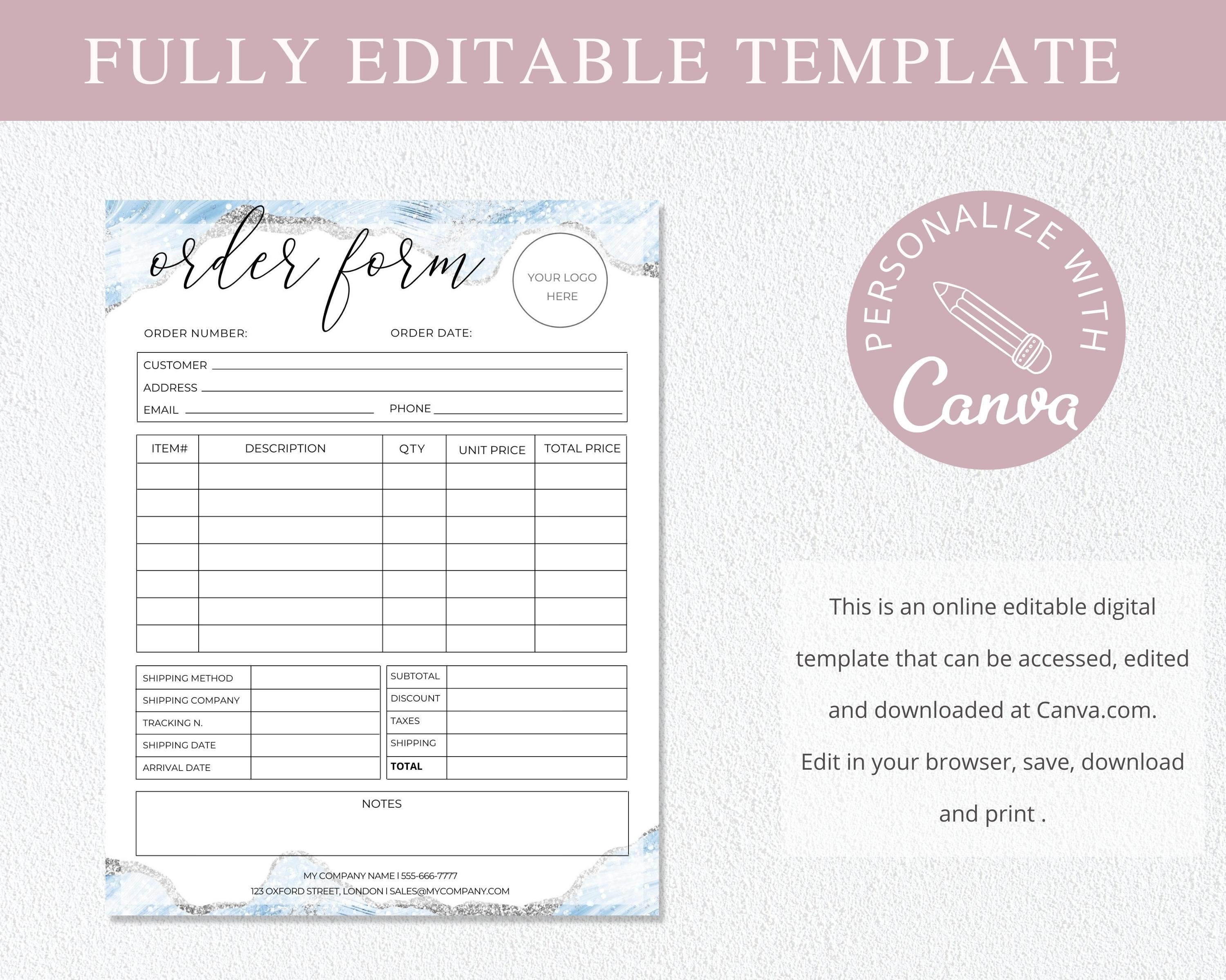 Editable Order Form I Editable Canva Template I Small Business Forms I ...