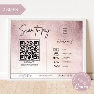 QR-Code-Zeichen I bearbeitbare Canva-Vorlage, Scan-To-Pay-Vorlage, Zahlungszeichen, CashApp PayPal-Zeichen für kleine Unternehmen, Venmo-Zahlung druckbar.