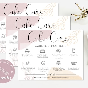 Modèle de carte d'entretien pour gâteau, cartes d'entretien pour gâteau de mariage modifiables Canva, guide d'entretien pour gâteau imprimable, instructions pour le gâteau, téléchargement immédiat. DTP-031