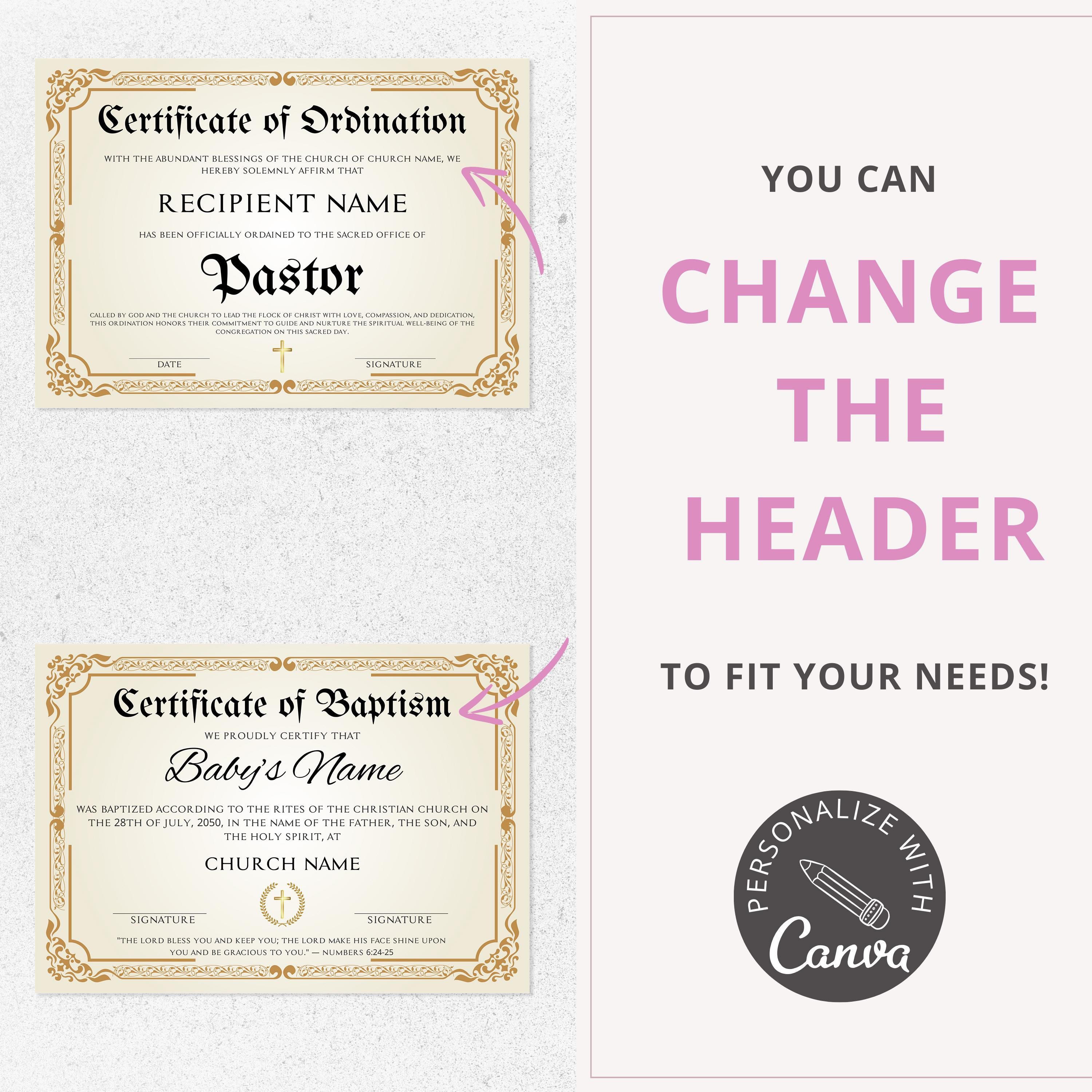 Editable Ordination Application Form Editable Pastor Ordination Certificate Template, Printable Canva ...
