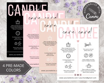 Pode incluir: Um cartão de cuidados com velas rosa e preto com instruções sobre como queimar uma vela corretamente. O cartão inclui dicas sobre como aparar o pavio, evitar queimar por mais de 4 horas de cada vez e manter as velas fora do alcance de crianças e animais de estimação. O cartão também inclui o endereço do site www.yourwebsite.com e o endereço de e-mail yourmail@gmail.com.